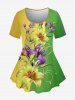 Colorblock Flower Printed T-shirt and Pockets Capri Leggings Plus Size Matching Set -  