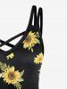 Plus Size Sunflower Print Crisscross Cami Dress -  