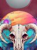 Gothic Sheep Head Feather Colorblock Print T-shirt -  