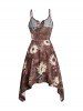 Robe Mi-Longue à Bretelle Fine à Imprimé Tournesol et Papillon à Taille Haute à Lacets à Ourlet Asymétrique - café M