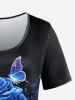 T-shirt Imprimé à Fleurs Papillon à Manches Courtes Grande Taille - Noir 5X