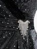 Plus Size Sparkling Sequin Mesh Lace Trim Faux Crystal Buckle Surplice T-shirt -  