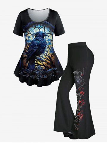 T-shirt Gothique Imprimé Plume Arbre et Aigle à Manches Courtes - BLACK