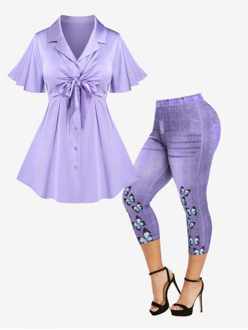 Lace Up Ruched Buttons Butterfly Sleeve Blouse and 3D Pockets Butterfly Denim Printed Capri Jeggings Plus Size Outfit - PURPLE