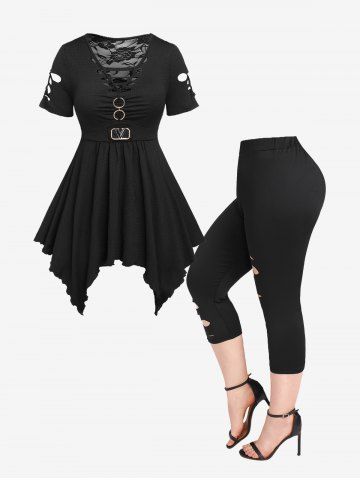 O-Ring Lace Panel Braided Cutout Handkerchief Tee and Capri Leggings Plus Size Summer Outfit - BLACK