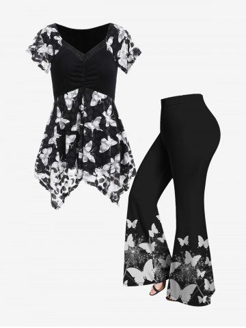 Butterfly Split Raglan Sleeves Handkerchief Tee and Flare Pants Plus Size Summer Outfit - BLACK
