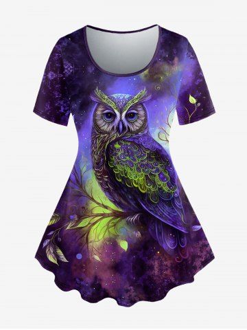 Plus Size Galaxy Owl Branch Print Short Sleeves T-shirt - PURPLE - 4X
