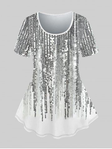 Plus Size 3D Sequins Tassel Print Short Sleeves T-shirt - SILVER - XS
