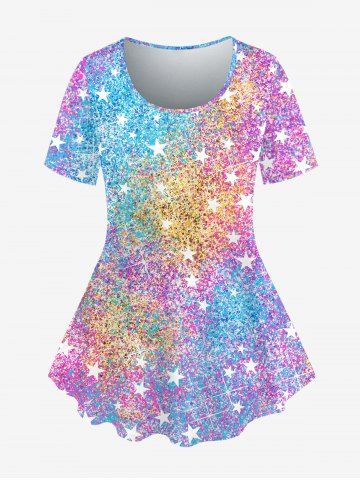 Plus Size Sparkling Sequin Stars Print Short Sleeves T-shirt - PURPLE - L