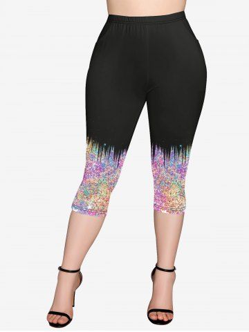 Plus Size Sparkling Sequin Stars Print Pockets Capri Leggings