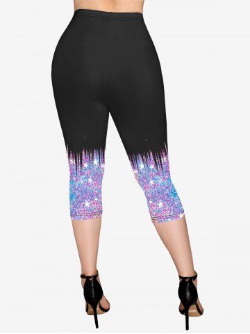 Plus Size Sparkling Sequin Stars Print Pockets Capri Leggings