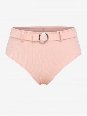 Plus Size Ring Belted Textured Ribbed Bikini Bottom - LIGHT PINK - L