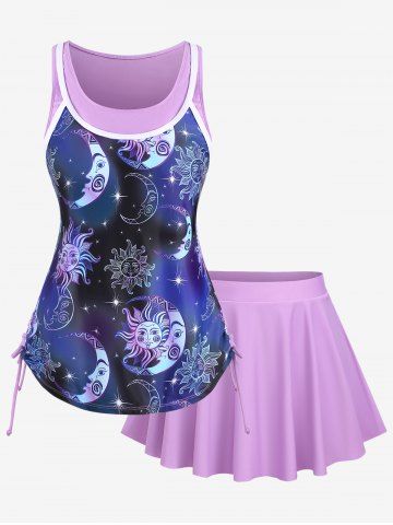 Plus Size Sun Moon Stars Print Cinched Skirted Tankini Swimsuit - PURPLE - 1X | US 14-16
