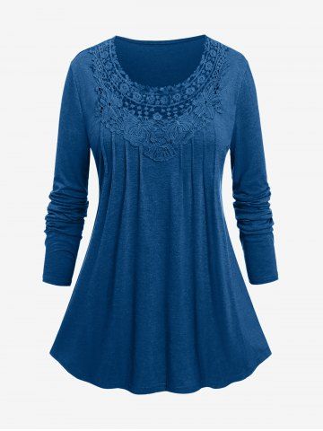 Plus Size Ruched Hollow Out Lace Panel T-shirt - DEEP BLUE - 2XL