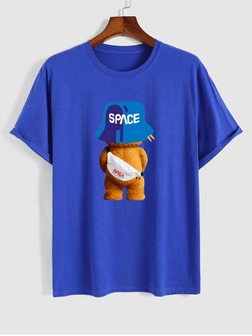 Cartoon Space Bear Pattern Short Sleeves T-shirt - BLUE - M