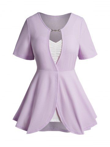 Plus Size Colorblock Ruched Chain Embellishment Textured Overlay Faux Twinset T Shirt - LIGHT PURPLE - L