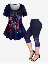 Galaxy Feather Butterfly Flower Dreamcatcher Printed T-shirt and Pockets Capri Leggings Plus Size Matching Set -  