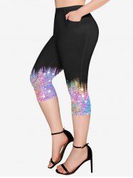 Plus Size Sparkling Sequin Stars Print Pockets Capri Leggings -  