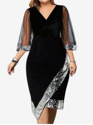 Plus Size Moon Star Sequin Mesh Sleeves Asymmetrical Surplice Dress - Noir 3XL