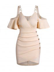 Cold Shoulder Ruched Mock Button Tulip Hem Surplice Plunge Mini Dress -  