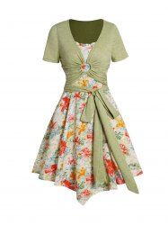 Ensemble de T-shirt Court Anneau en O à Manches Courtes avec Nœud Papillon et Robe Asymétrique à Bretelle - Vert clair M