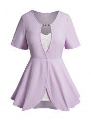 T-shirt Texturé Superposé Ruché en Blocs de Couleurs avec Chaîne de Faux Deux Pièces Grande Taille - Violet clair L