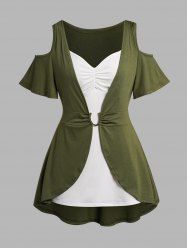 Plus Size Colorblock Top Cold Shoulder T Shirt And Ruched Tank Top Set -  