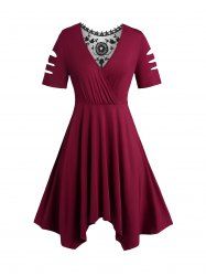 Plus Size Colorblock Sheer Lace Panel Surplice Cut Out High Waisted A Line Asymmetrical Midi Dress -  