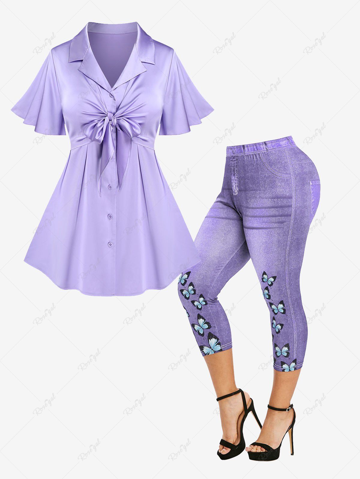 Shop Lace Up Ruched Buttons Butterfly Sleeve Blouse and 3D Pockets Butterfly Denim Printed Capri Jeggings Plus Size Outfit  
