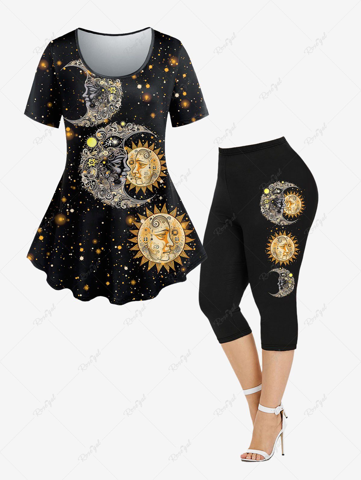Fancy Galaxy Glitter Moon Sun Printed T-shirt and Capri Leggings Plus Size Outfit  