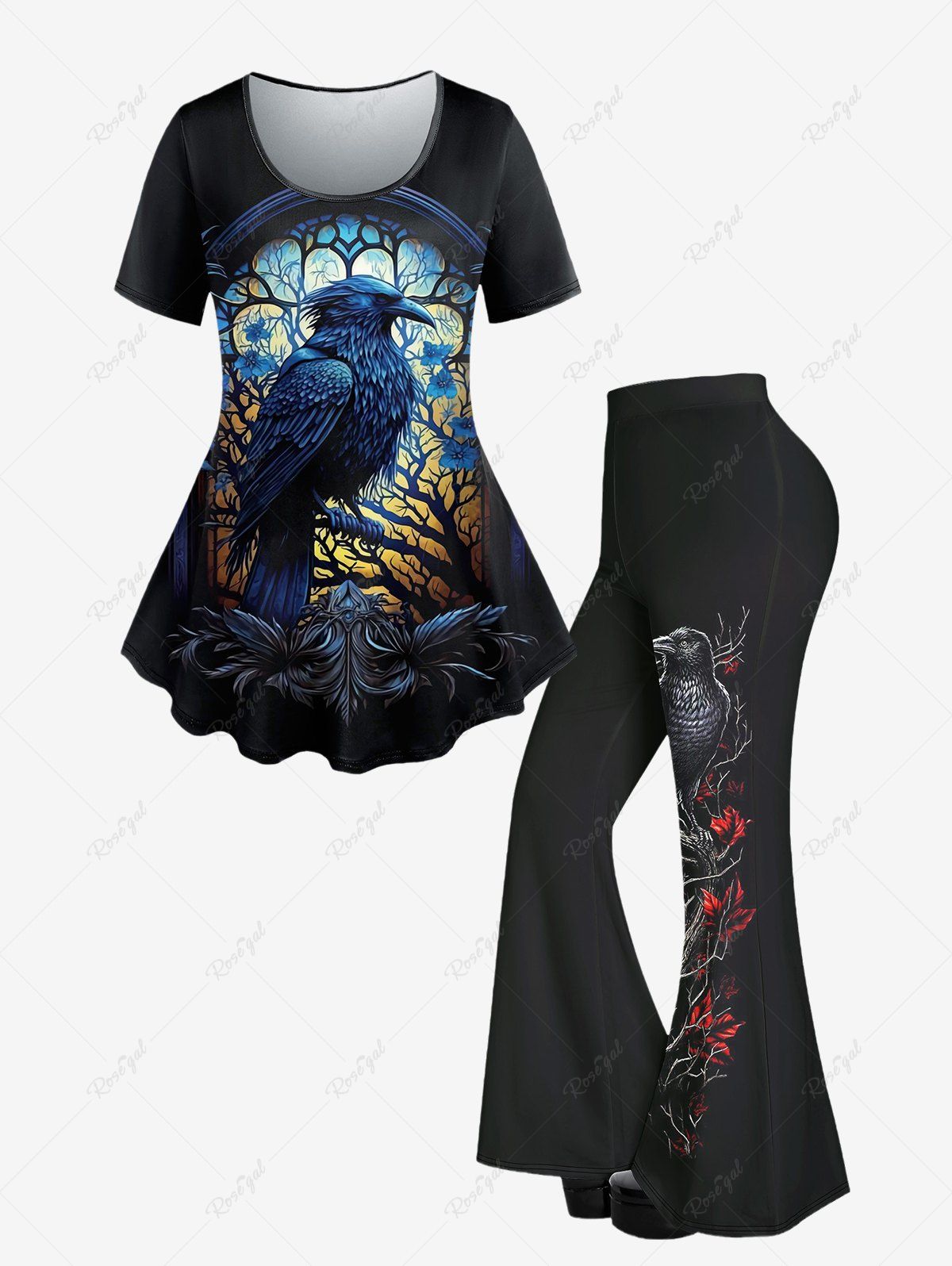 Outfits Gothic Eagle Tree Feather Printed Short Sleeves T-shirt and Flare Pants Outfit  