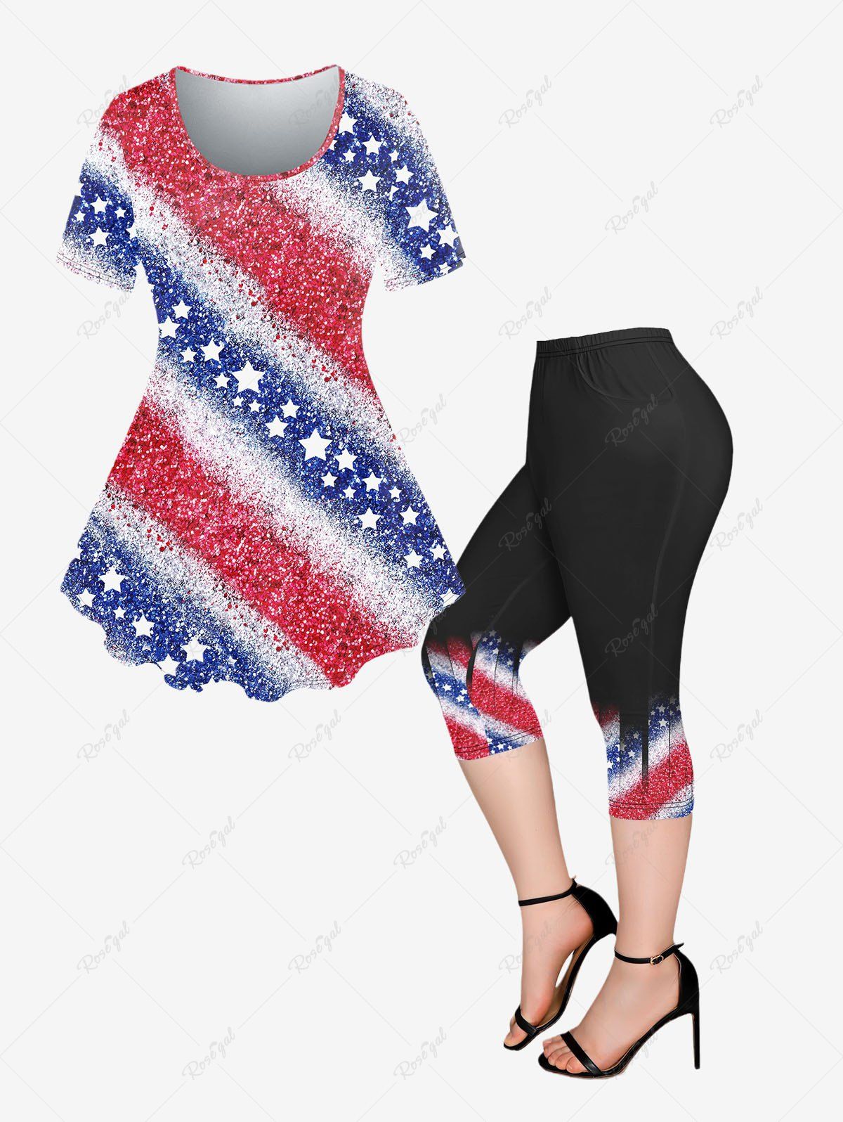 Trendy Patriotic American Flag Printed T-shirt and Pockets Capri Leggings Plus Size Matching Set  