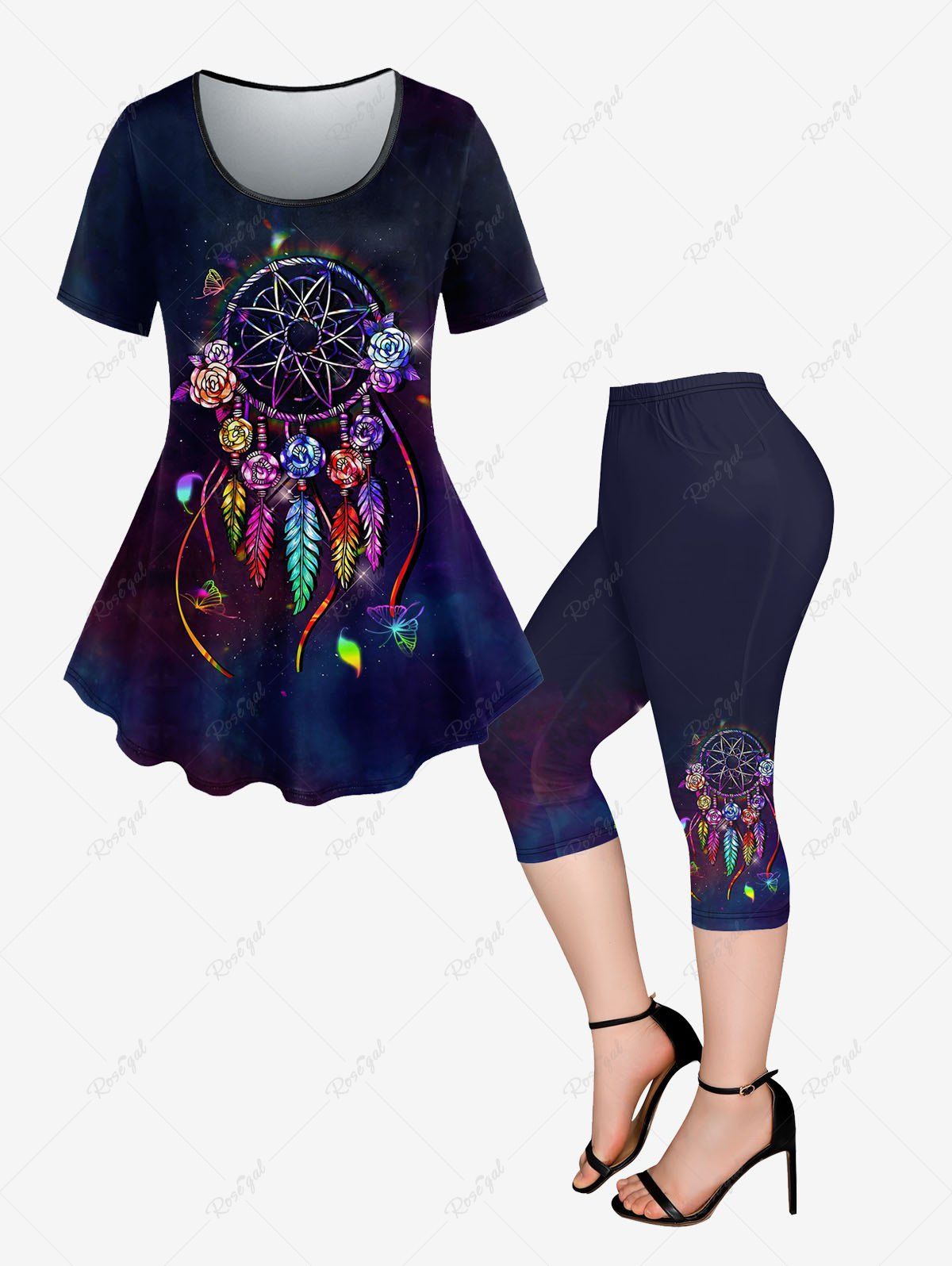 Sale Galaxy Feather Butterfly Flower Dreamcatcher Printed T-shirt and Pockets Capri Leggings Plus Size Matching Set  