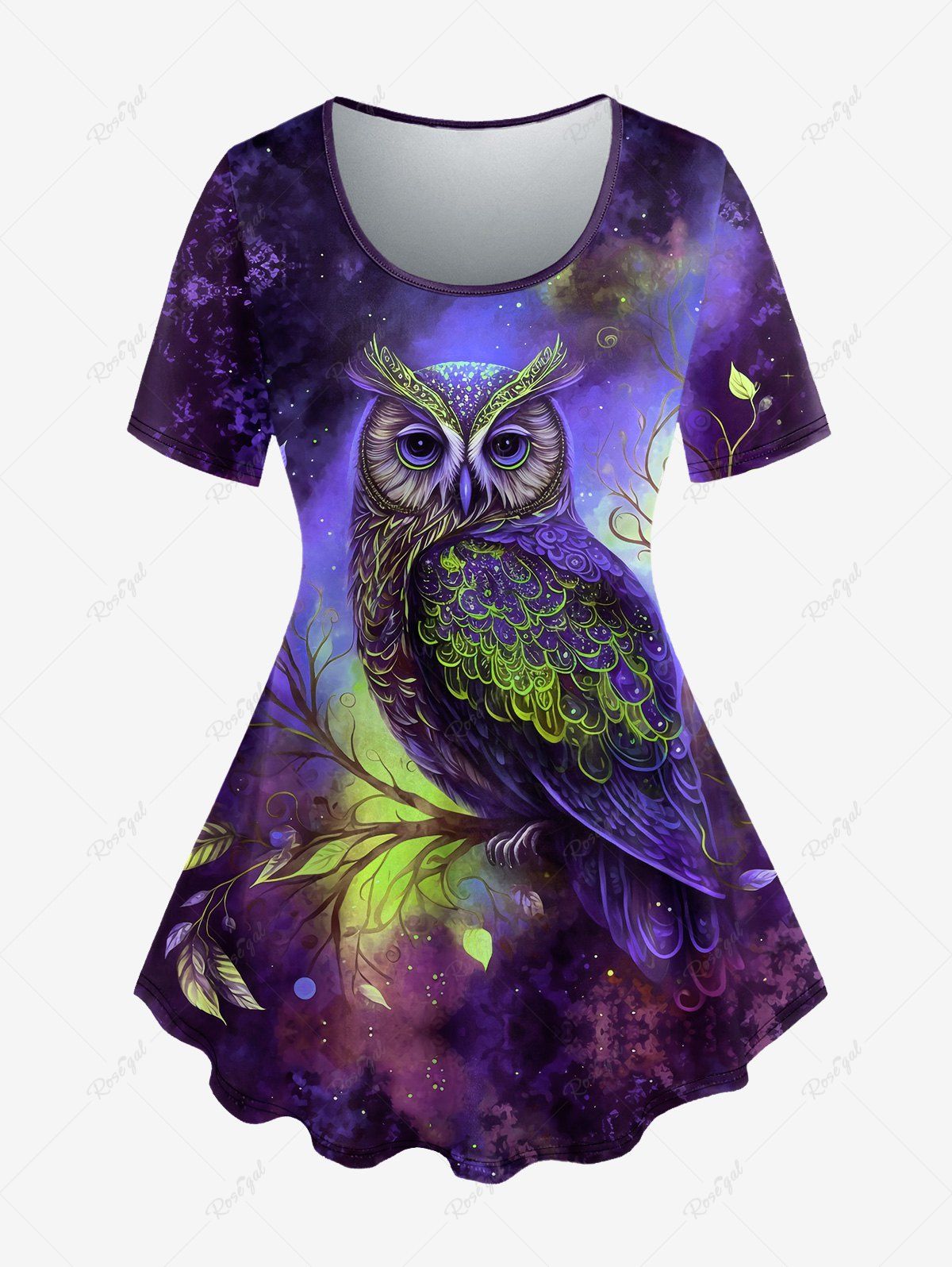 Sale Plus Size Galaxy Owl Branch Print Short Sleeves T-shirt  