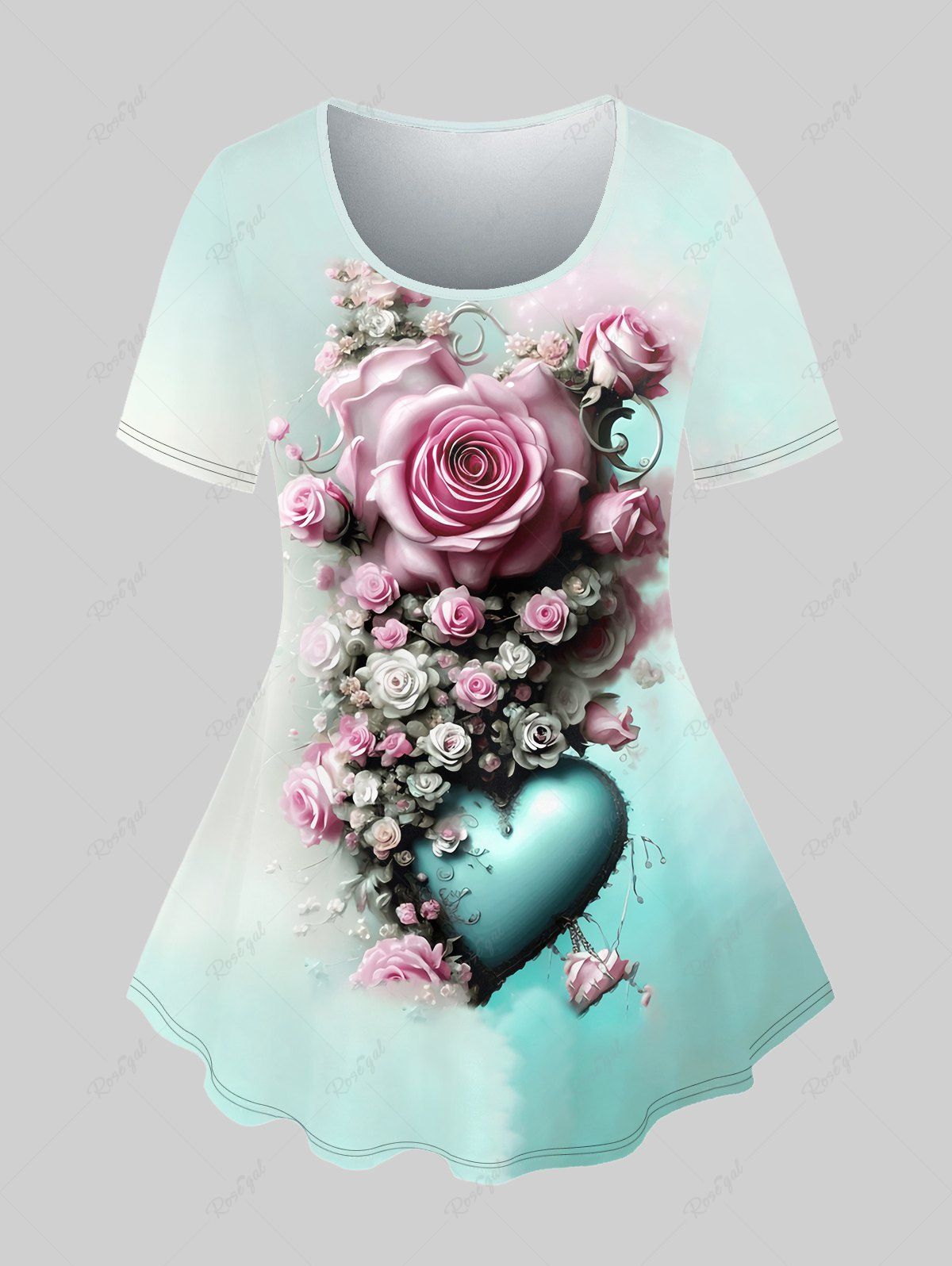 T-shirt Ombré Cœur Fleur Imprimée de Grande Taille Vert clair 6X