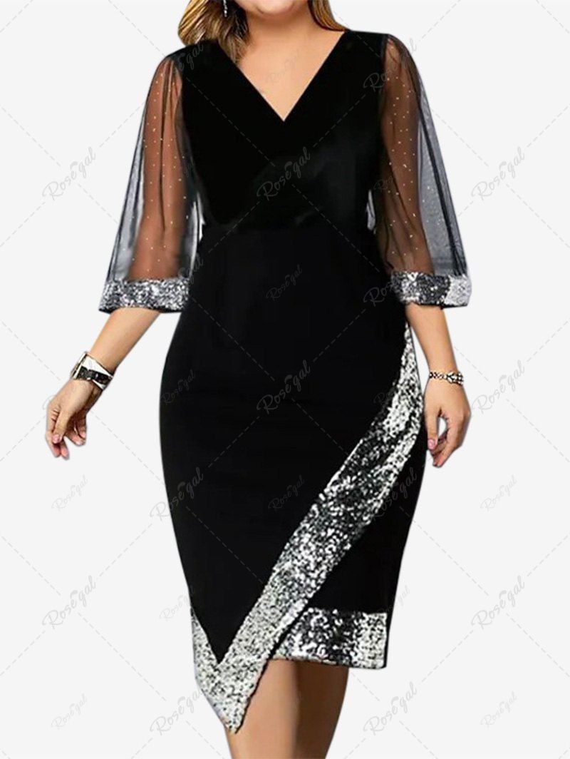 Plus Size Moon Star Sequin Mesh Sleeves Asymmetrical Surplice Dress Noir XL
