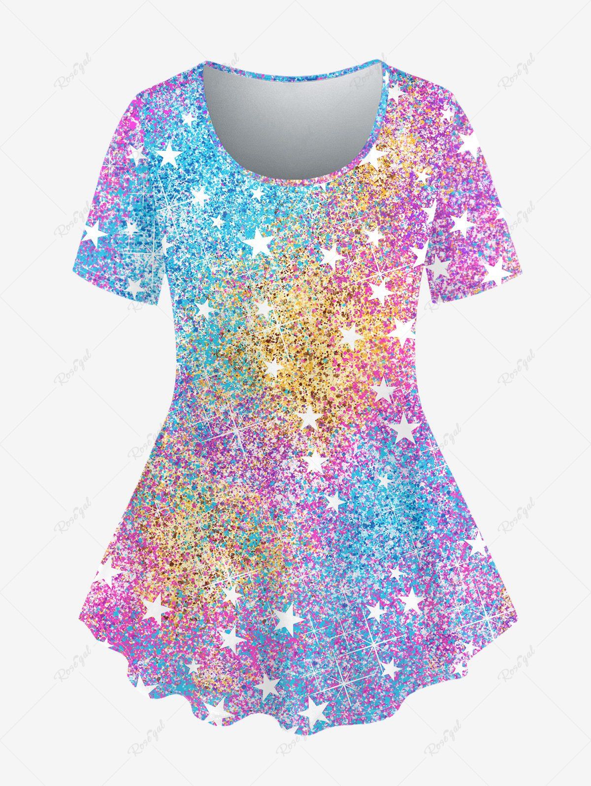 Online Plus Size Sparkling Sequin Stars Print Short Sleeves T-shirt  