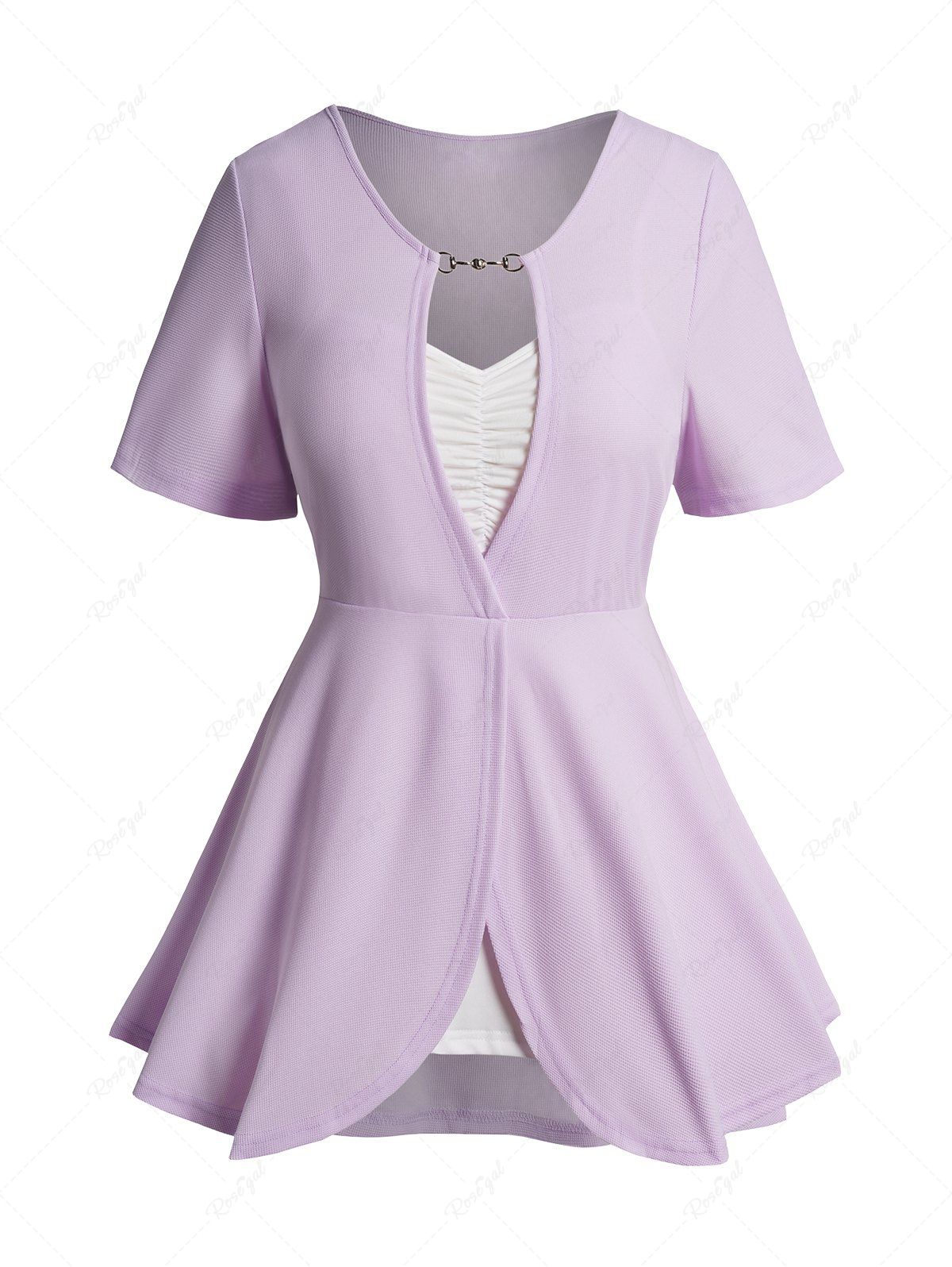 Outfits Plus Size Colorblock Ruched Chain Embellishment Textured Overlay Faux Twinset T Shirt  