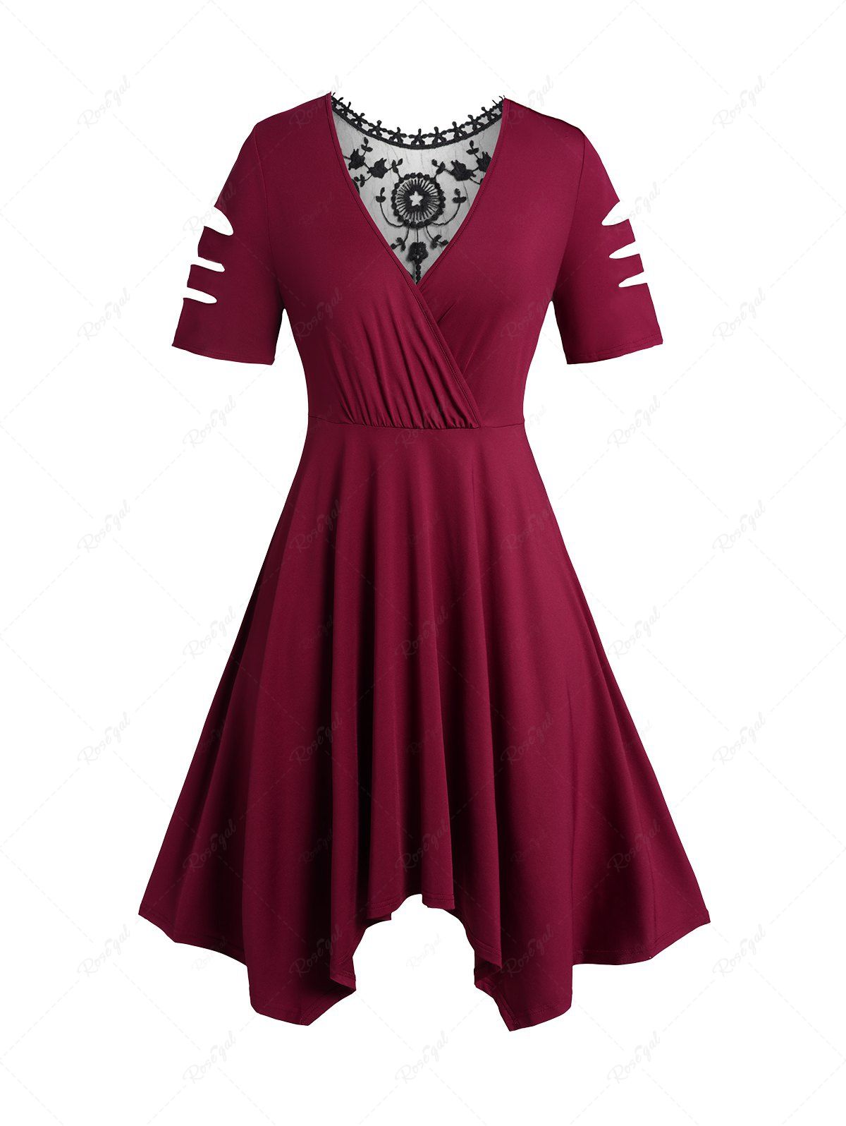 Trendy Plus Size Colorblock Sheer Lace Panel Surplice Cut Out High Waisted A Line Asymmetrical Midi Dress  