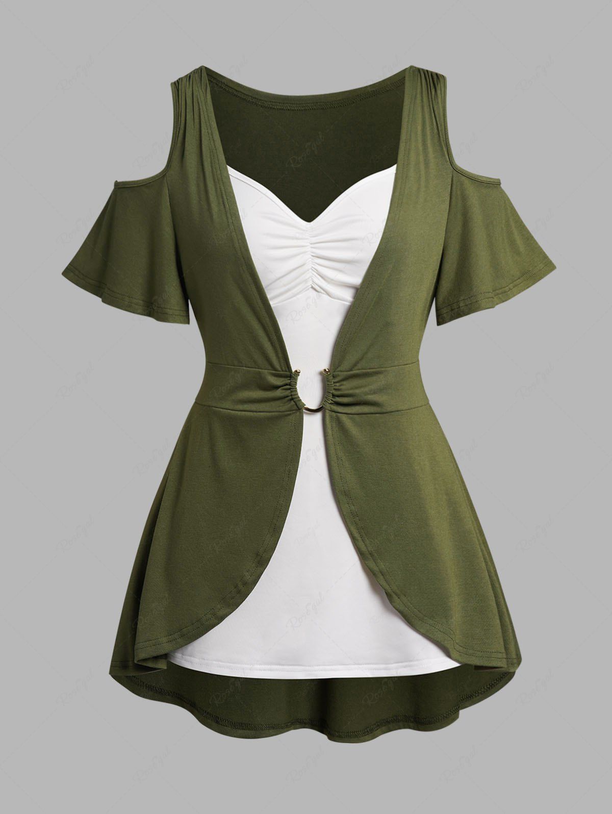 Affordable Plus Size Colorblock Top Cold Shoulder T Shirt And Ruched Tank Top Set  