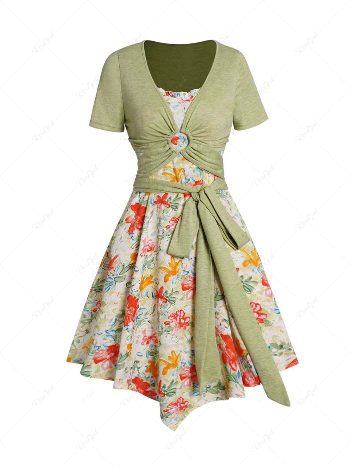 Buy O Ring Bowknot Short Sleeve Crop T-shirt And Colorful Flower Print Asymmetric Ruffles Cami Dress Set  
