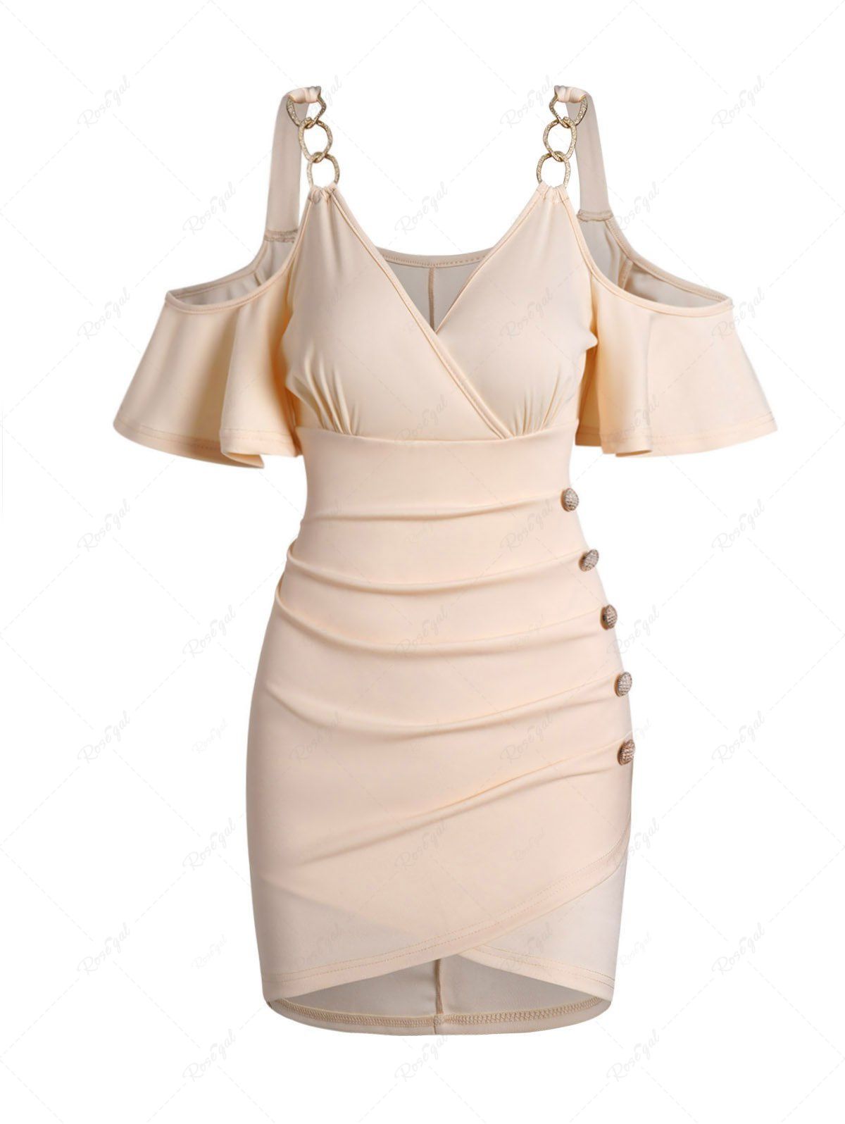 Sale Cold Shoulder Ruched Mock Button Tulip Hem Surplice Plunge Mini Dress  