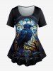 Gothic Eagle Tree Feather Printed Short Sleeves T-shirt and Flare Pants Outfit -  
