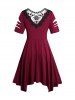 Plus Size Colorblock Sheer Lace Panel Surplice Cut Out High Waisted A Line Asymmetrical Midi Dress -  