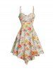 O Ring Bowknot Short Sleeve Crop T-shirt And Colorful Flower Print Asymmetric Ruffles Cami Dress Set -  