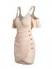 Cold Shoulder Ruched Mock Button Tulip Hem Surplice Plunge Mini Dress -  