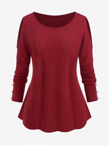 Plus Size Cold Shoulder Buttons Long Sleeves T-shirt - DEEP RED - L
