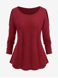 Plus Size Cold Shoulder Buttons Long Sleeves T-shirt -  