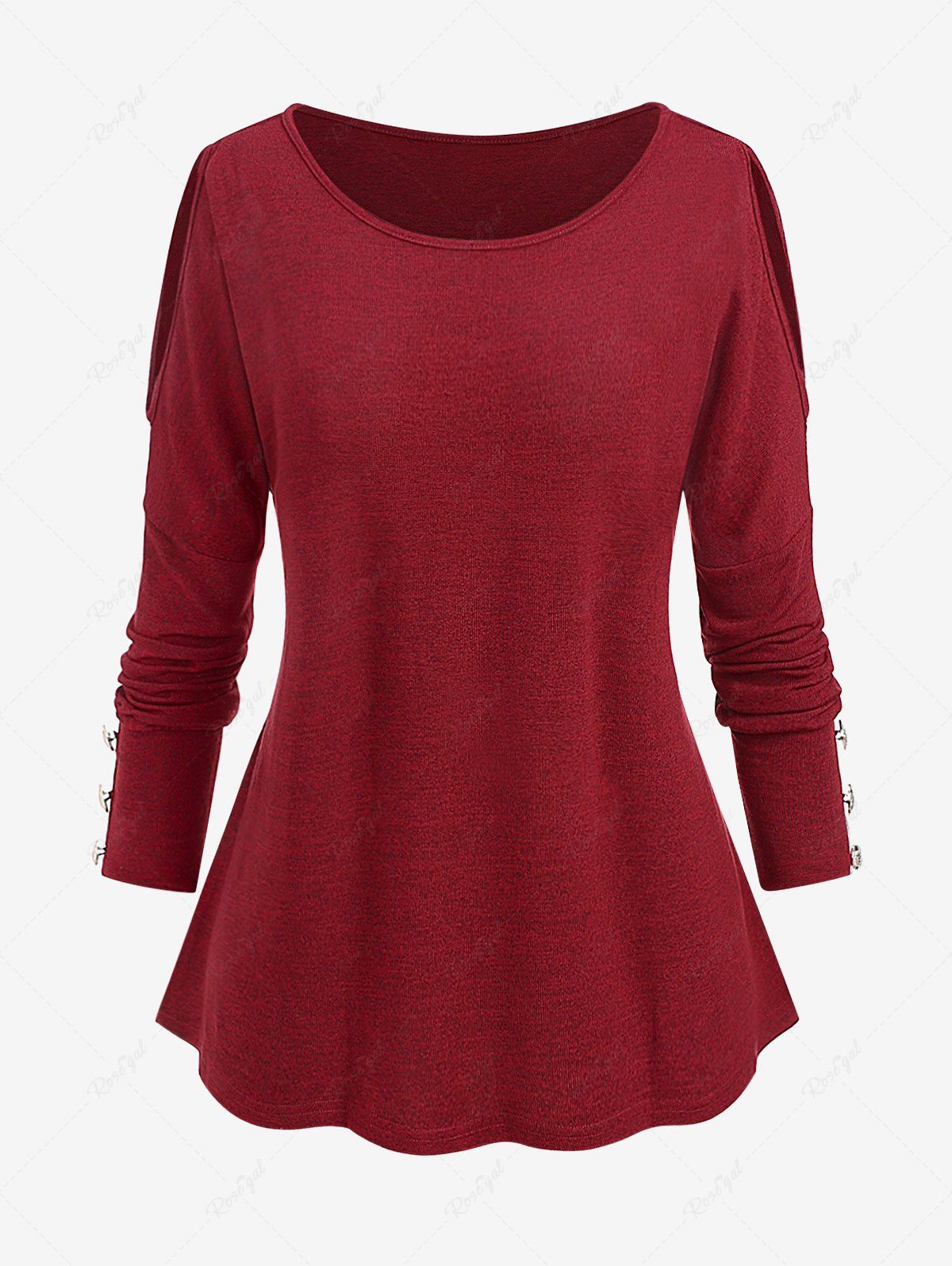 T-shirt à Epaule Dénudée avec Bouton de Grande Taille à Manches Longues Rouge foncé XL