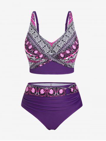 Plus Size Paisley Print Twist Bikini Swimsuit - PURPLE - M | US 10